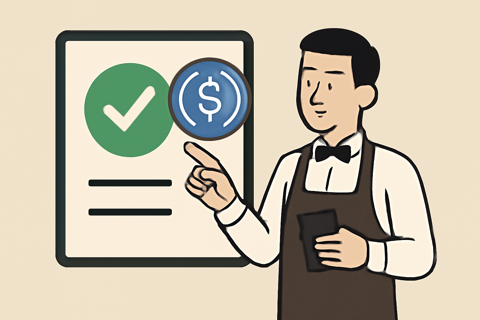 A server checking payment status with a green checkmark and USDC coin symbol