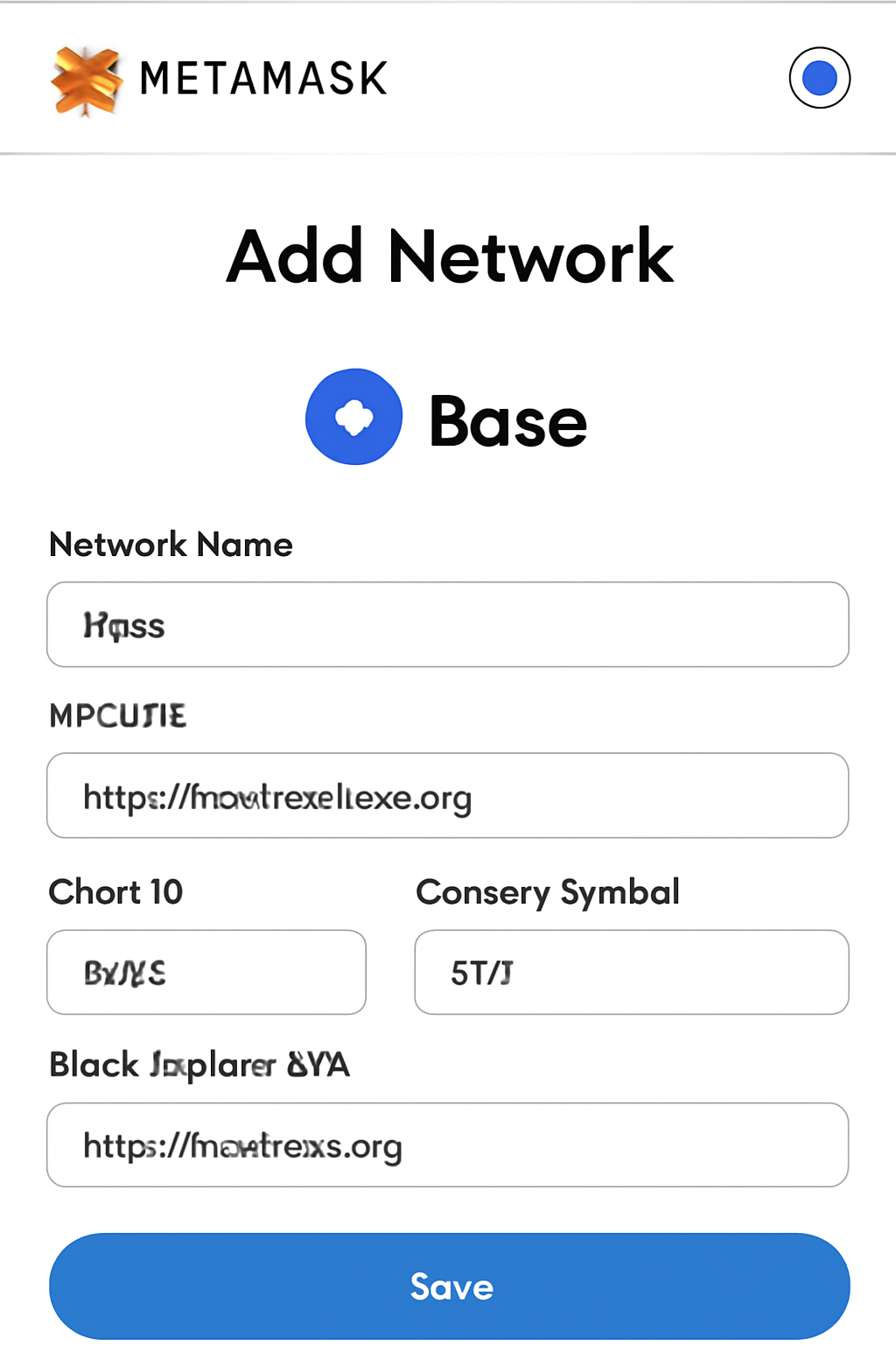 MetaMask interface with the 'Add Network' screen open, showing Base network details being entered. Clean, educational layout with Base logo.