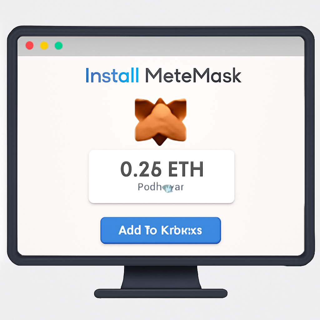 A computer screen displaying the MetaMask extension being installed and showing an ETH balance in the wallet. Modern, clean UI, focused on the MetaMask logo and ETH balance.