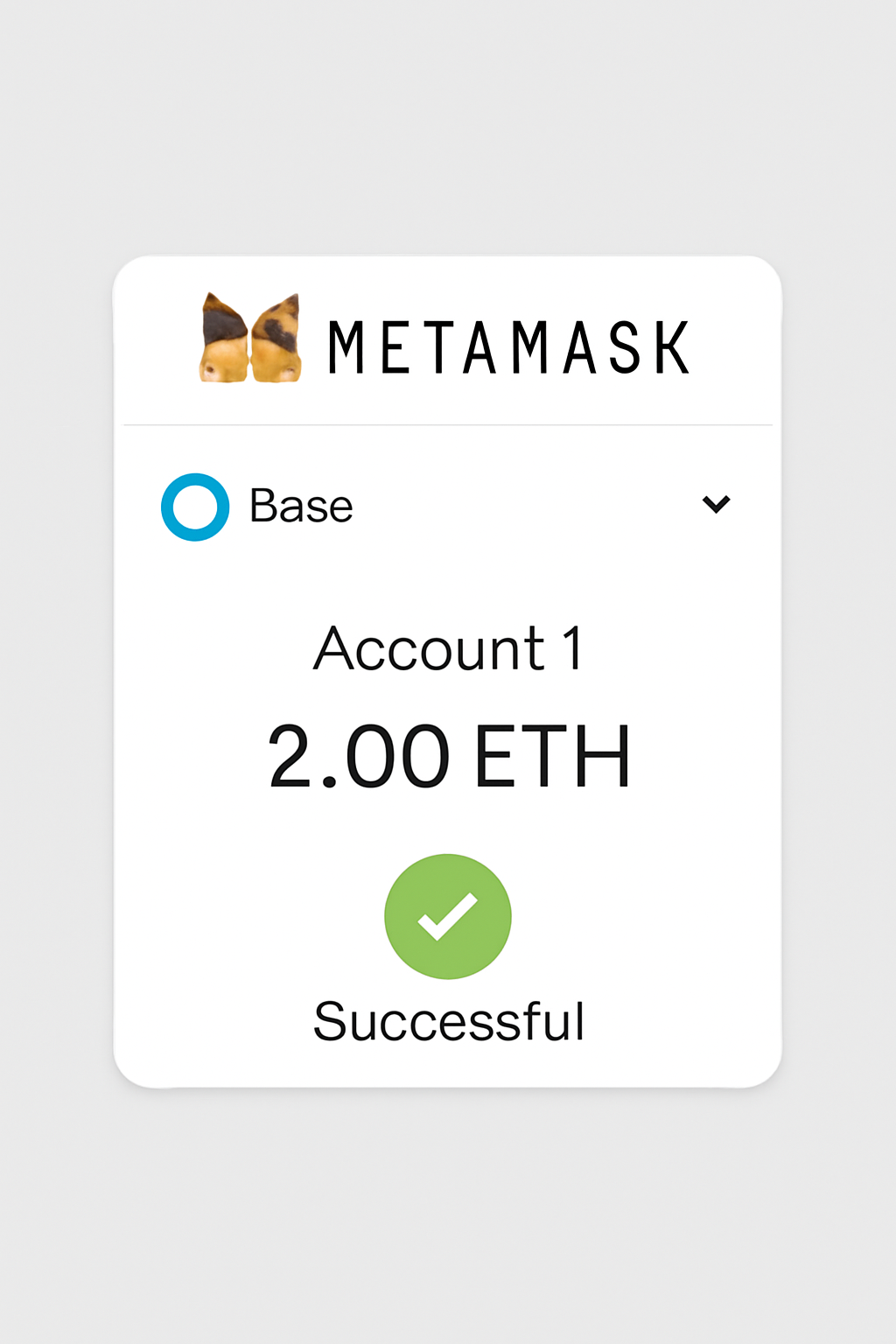 MetaMask wallet open on the Base network, displaying an updated ETH balance. Visual emphasis on successful transfer and confirmation checkmark.