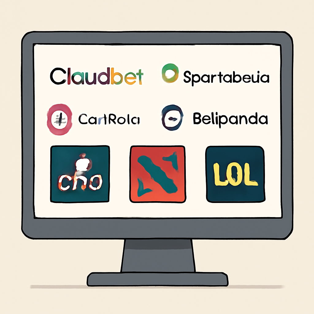 A computer screen displaying logos of popular crypto esports betting platforms (Cloudbet, Sportsbet.io, CoinPoker, Betpanda), with icons of CS2, Dota 2, and League of Legends.