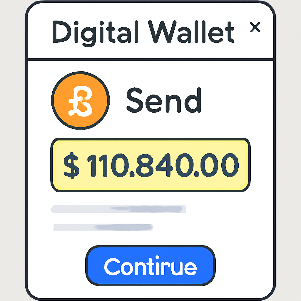 A digital wallet interface showing a Bitcoin transaction being sent, with the amount $110,840.00 highlighted.