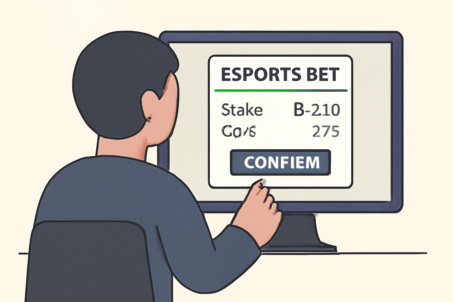 A user confirming an esports bet on a website, with a digital slip showing stake in Bitcoin and odds displayed.