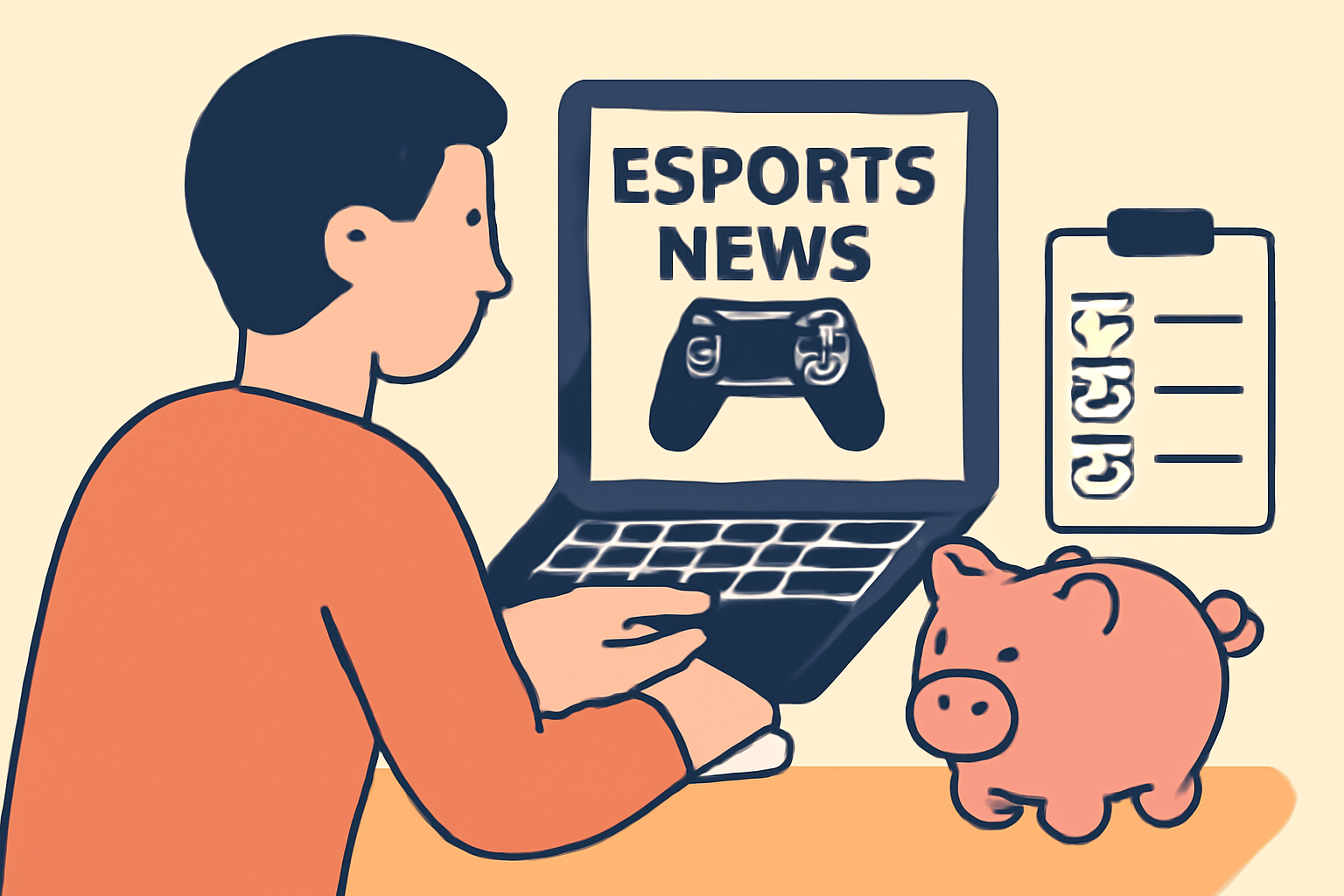 A person reading esports news on a laptop, with a checklist and a piggy bank nearby, symbolizing research and responsible betting.