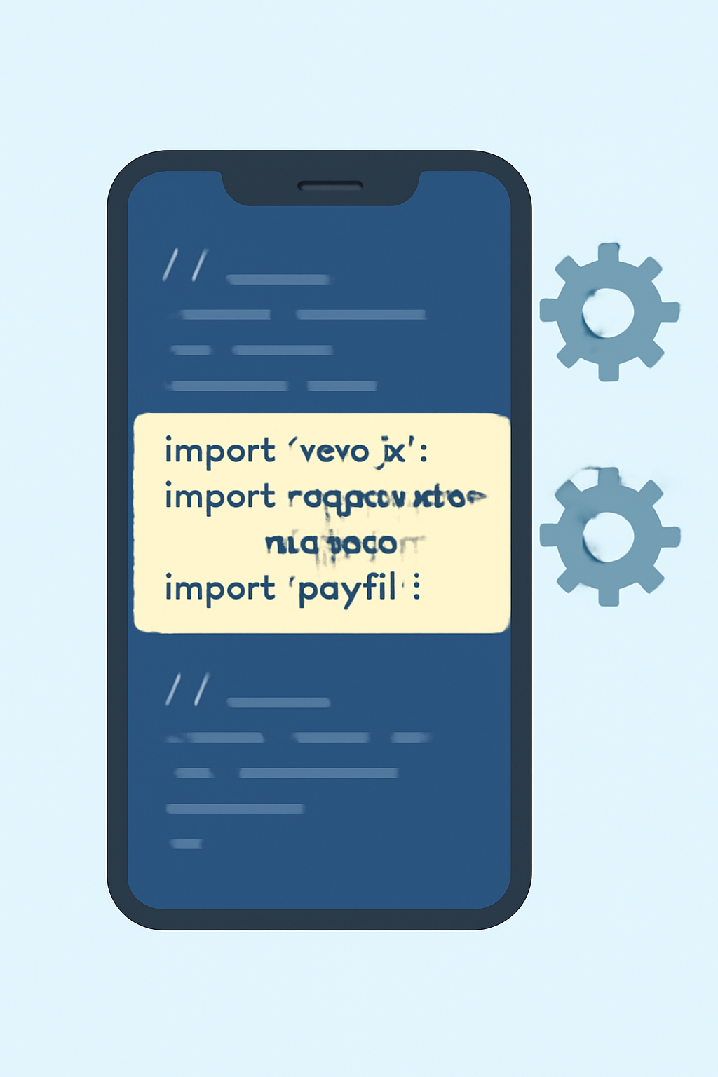 A code editor open on a smartphone, highlighting polyfill import statements, with gear icons representing configuration.