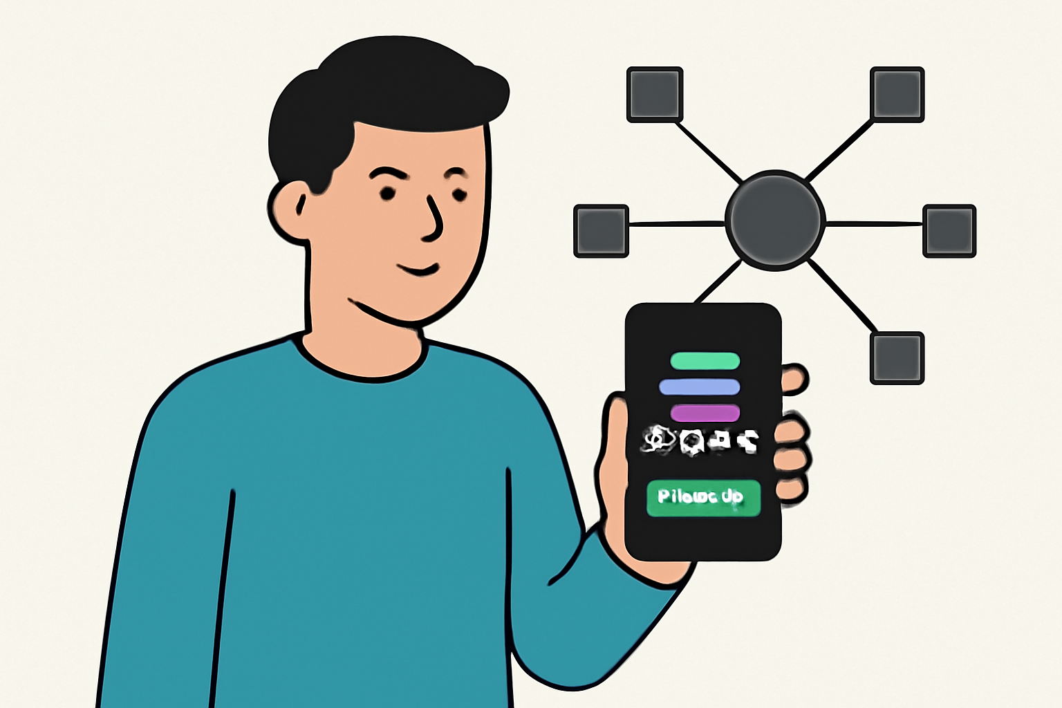 A developer holding a smartphone displaying a running Solana app, with a blockchain network graphic in the background.