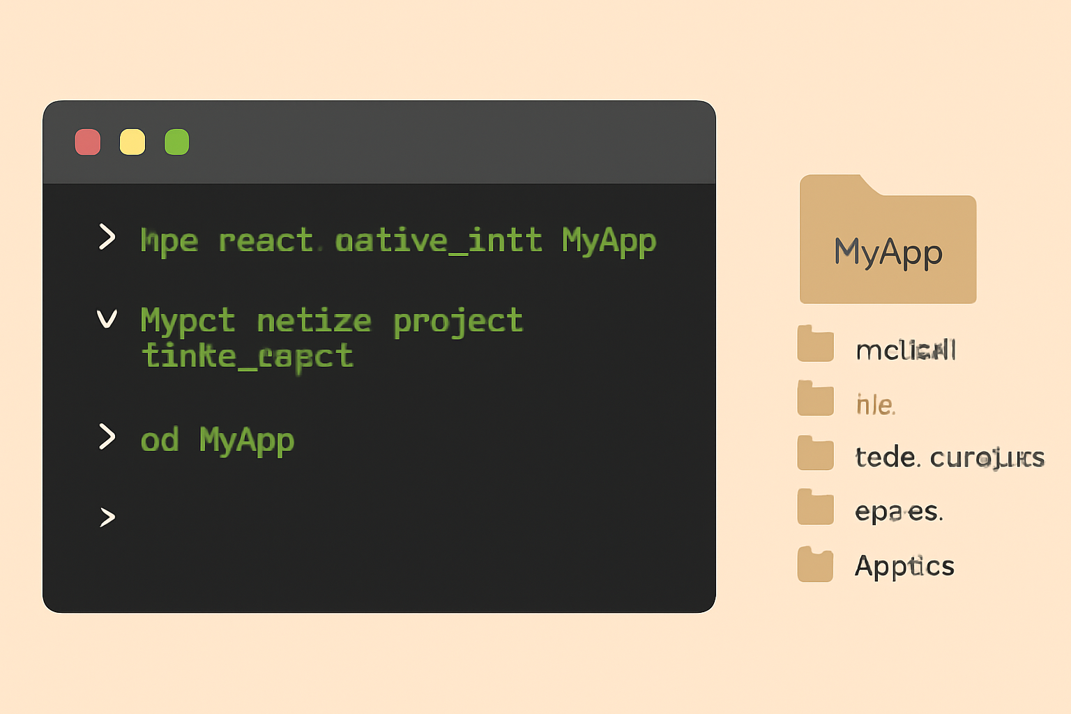 Terminal window showing React Native project initialization commands, with a folder structure appearing.