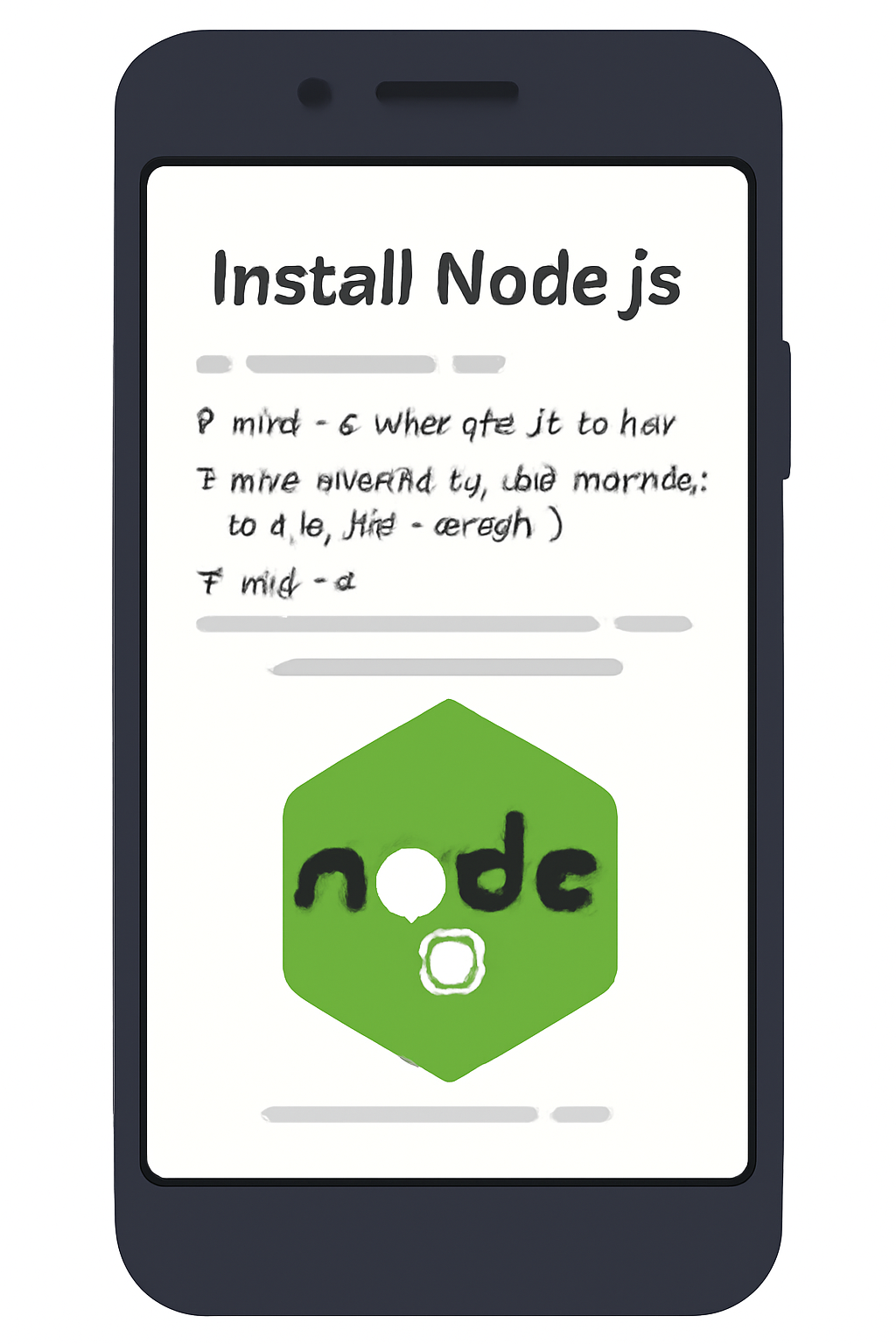 A smartphone screen displaying the Node.js installation process with code lines and a green Node.js logo.
