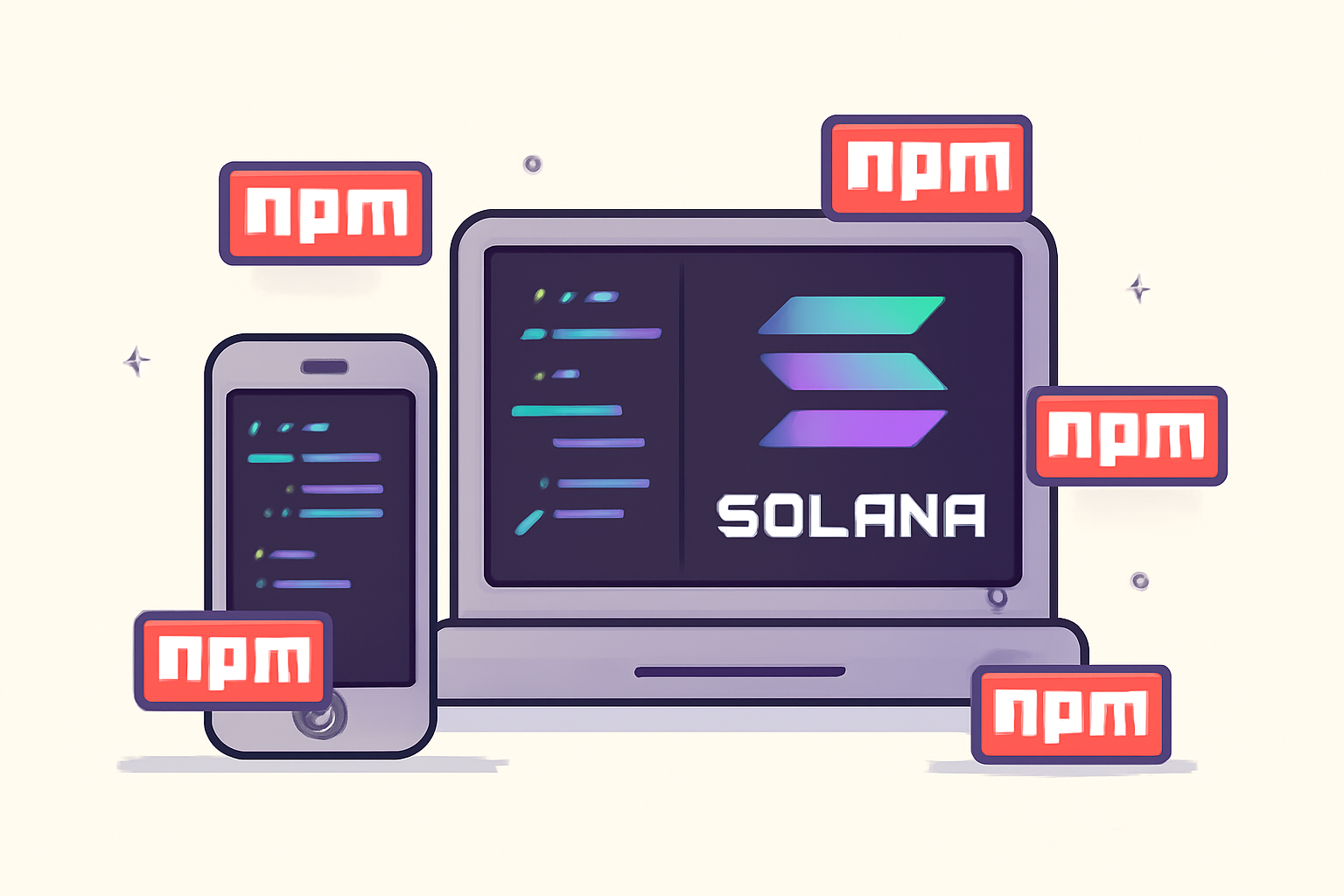 A smartphone and laptop with code snippets and the Solana logo, surrounded by npm package icons.