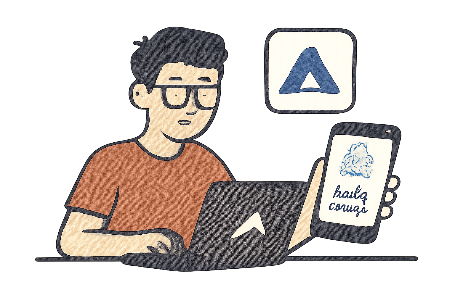 A developer using a laptop and smartphone, with the Expo logo and a React Native app preview on the phone.