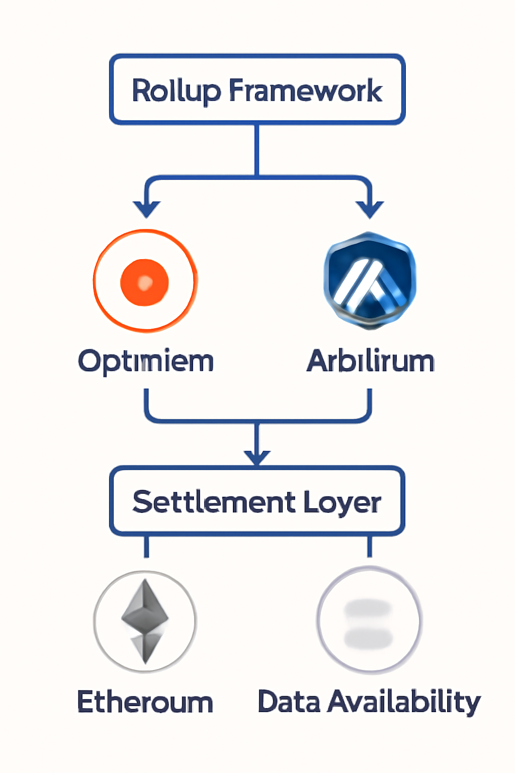 A flowchart showing choices between rollup frameworks and settlement layers, with icons for Ethereum, Optimism, Arbitrum, and data availability solutions.