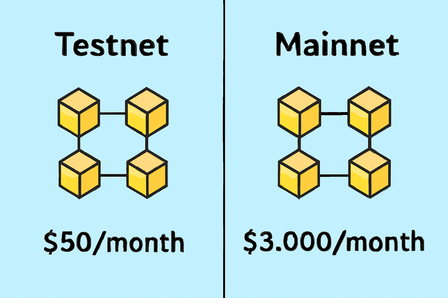 A split-screen showing 'Testnet: $50/month' and 'Mainnet: $3,000/month' options, with blockchain icons and price tags.