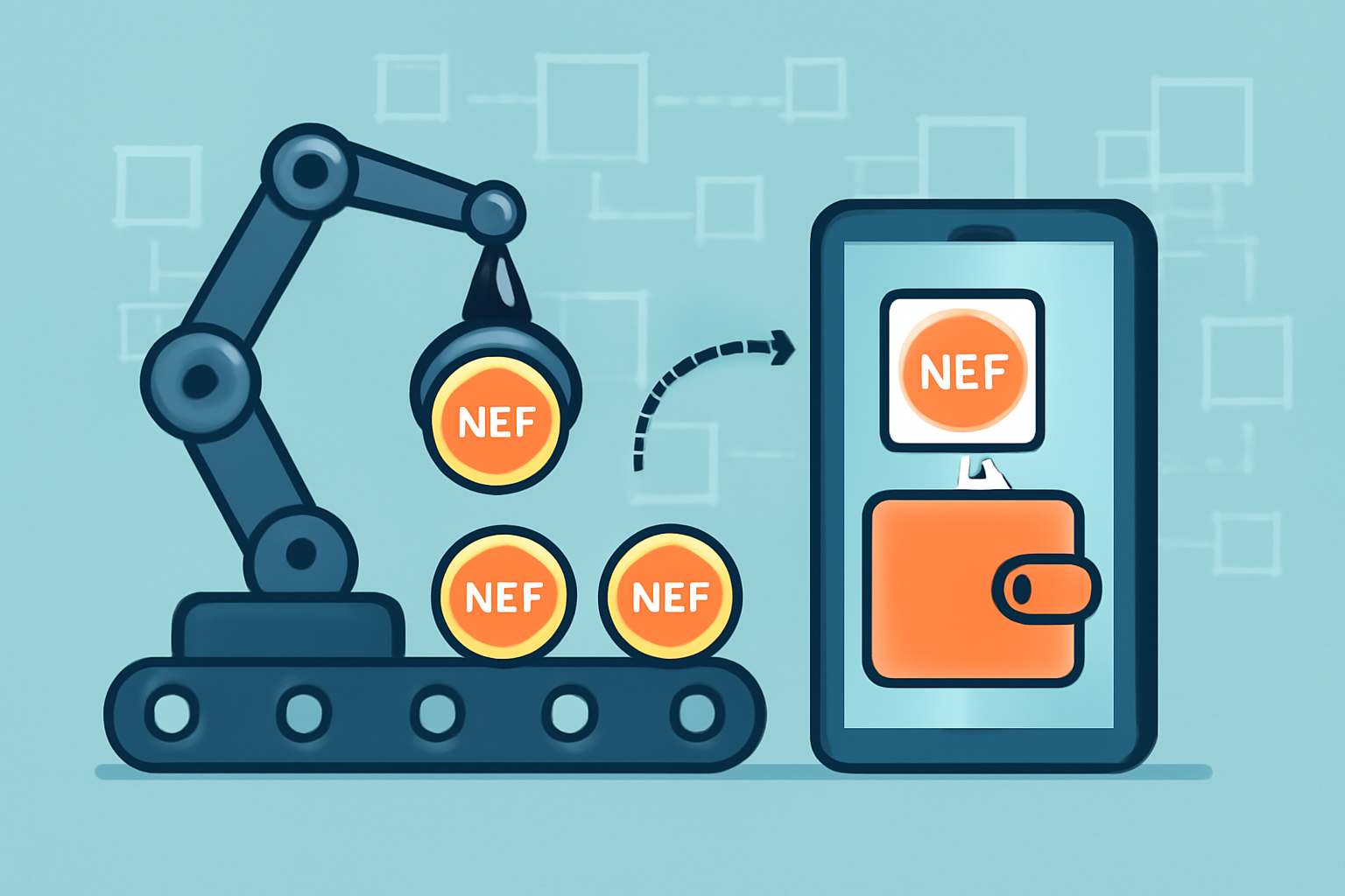A robotic arm or automated conveyor issuing NFT badges to digital wallets, with a blockchain background