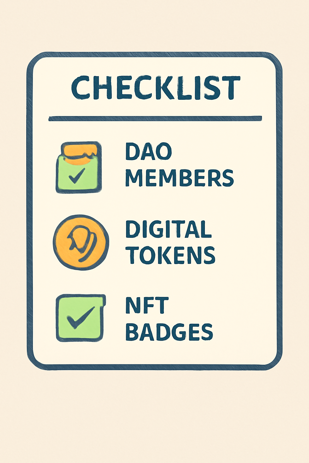 A checklist with DAO members, digital tokens, and NFT badges, illustrating eligibility requirements in a blockchain setting