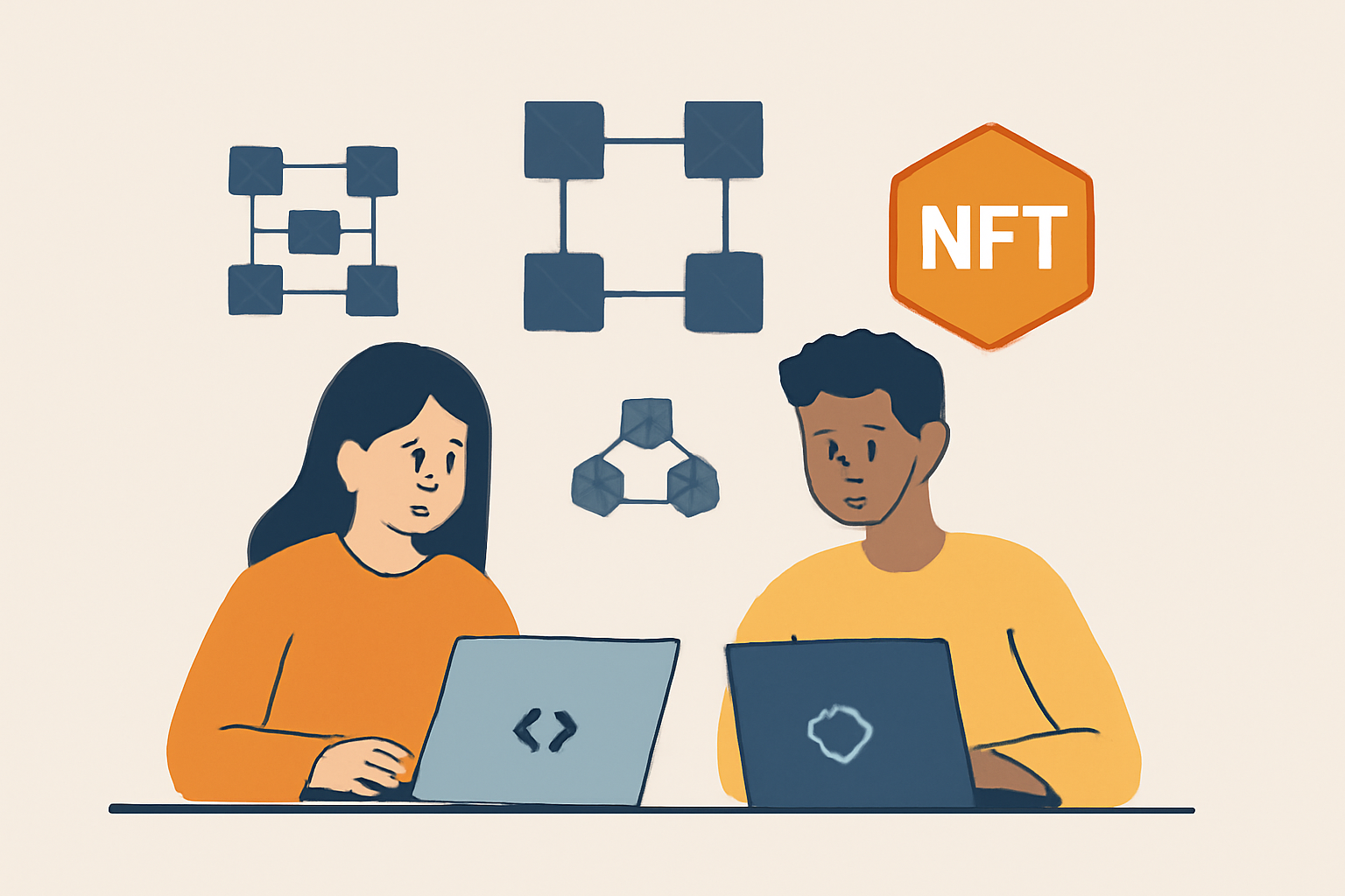 Developers coding smart contracts on laptops, with blockchain diagrams and NFT badges floating above