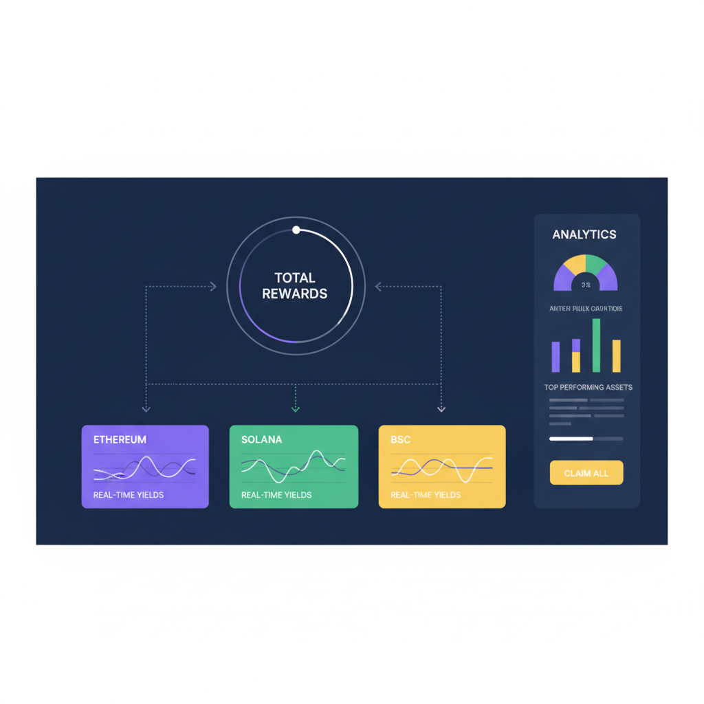 symbiotic dashboard monitoring multichain rewards ethereum solana bsc, real-time charts analytics, sleek crypto interface