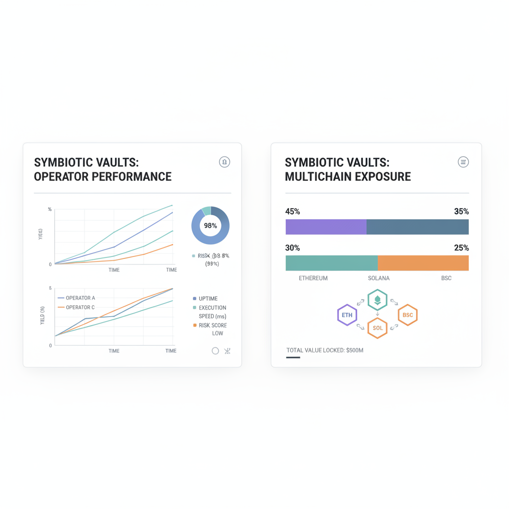 comparing symbiotic vaults dashboard, charts of operator performance and multichain exposure ethereum solana bsc, professional UI
