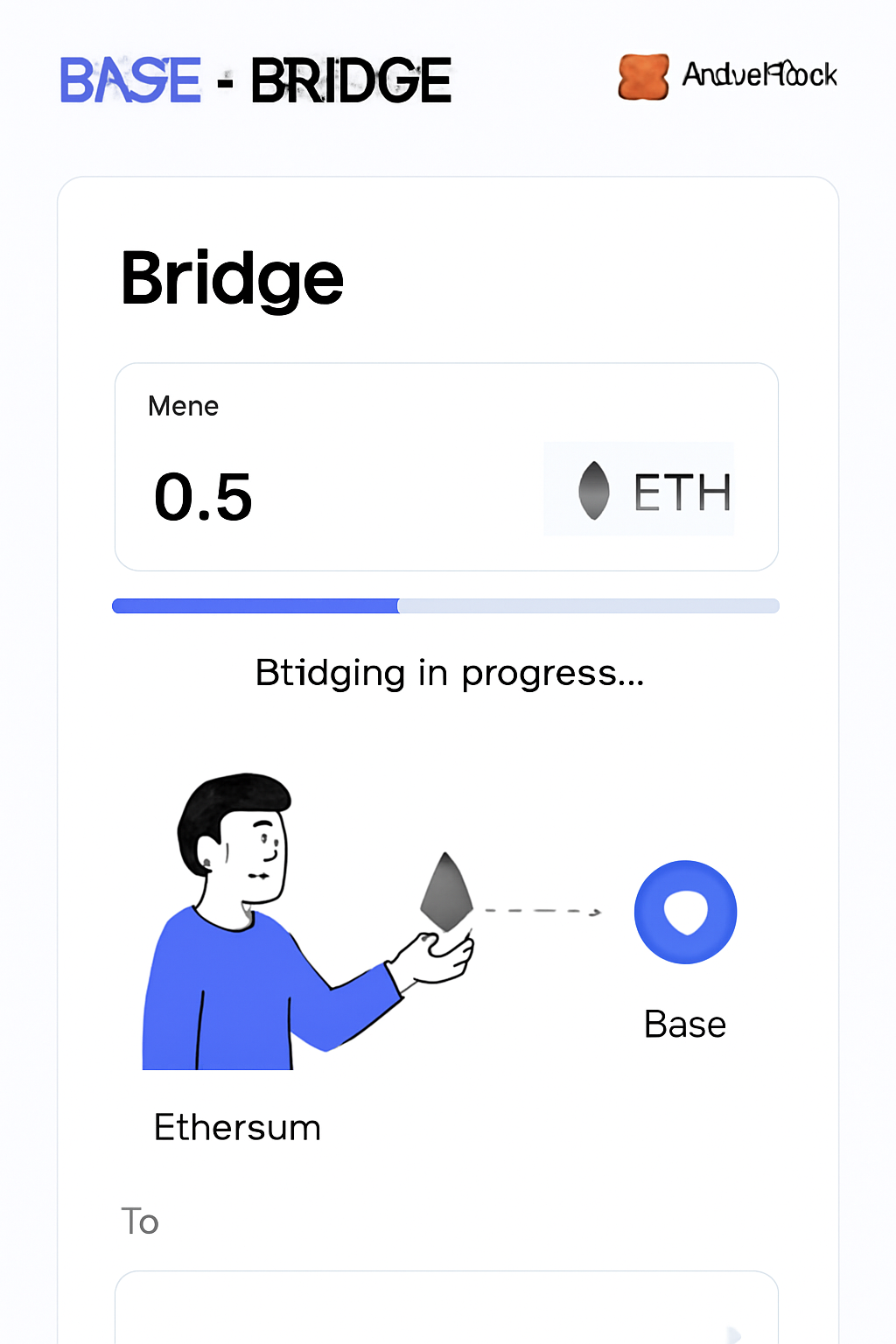 screenshot of Base Bridge website with MetaMask connected, ETH bridging interface, progress bar