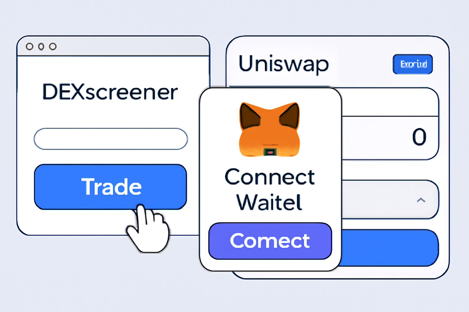 Dexscreener trade button clicked, Uniswap interface loading with MetaMask connect popup, Base chain indicator