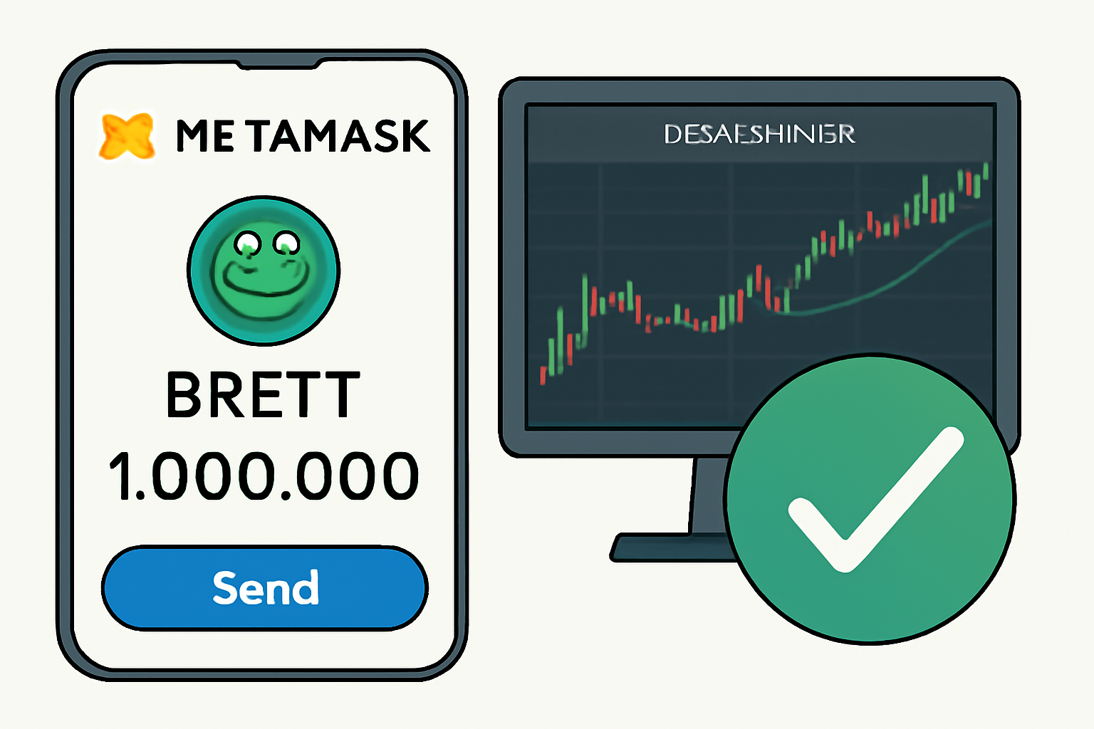 MetaMask wallet showing BRETT balance added, Dexscreener chart open in background, success checkmark