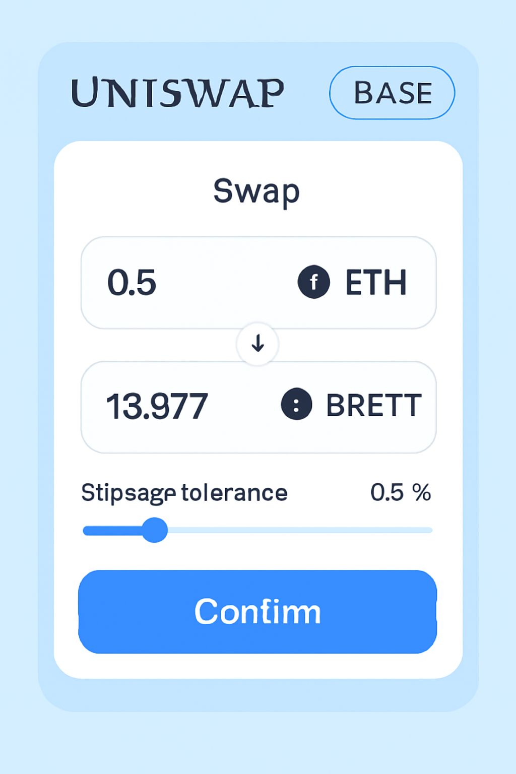 Uniswap swap interface on Base: ETH to BRETT, amounts filled, slippage slider, confirm button ready