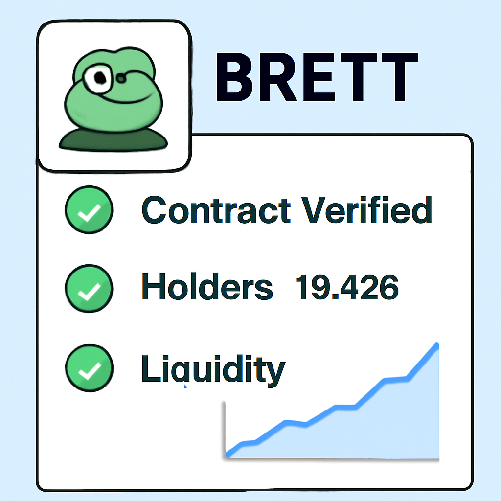 Basescan token page for BRETT showing contract verified, holders count, liquidity chart, secure green checkmarks