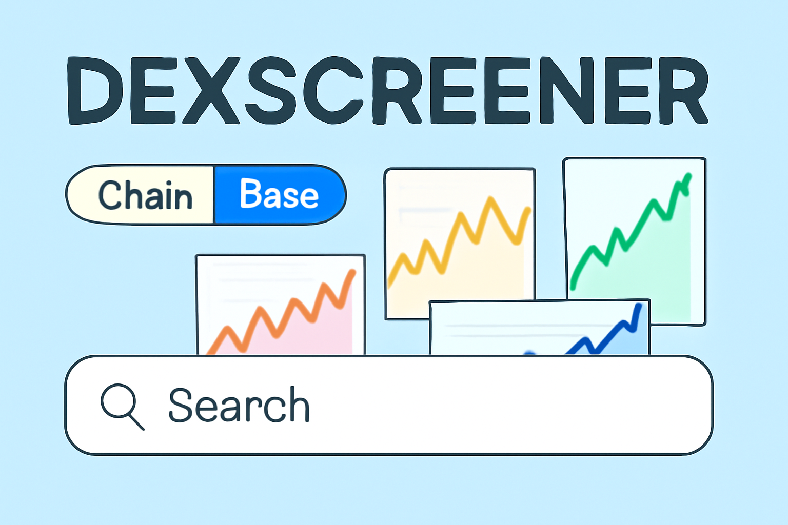 Dexscreener homepage focused on Base chain selector, search bar prominent, colorful charts background