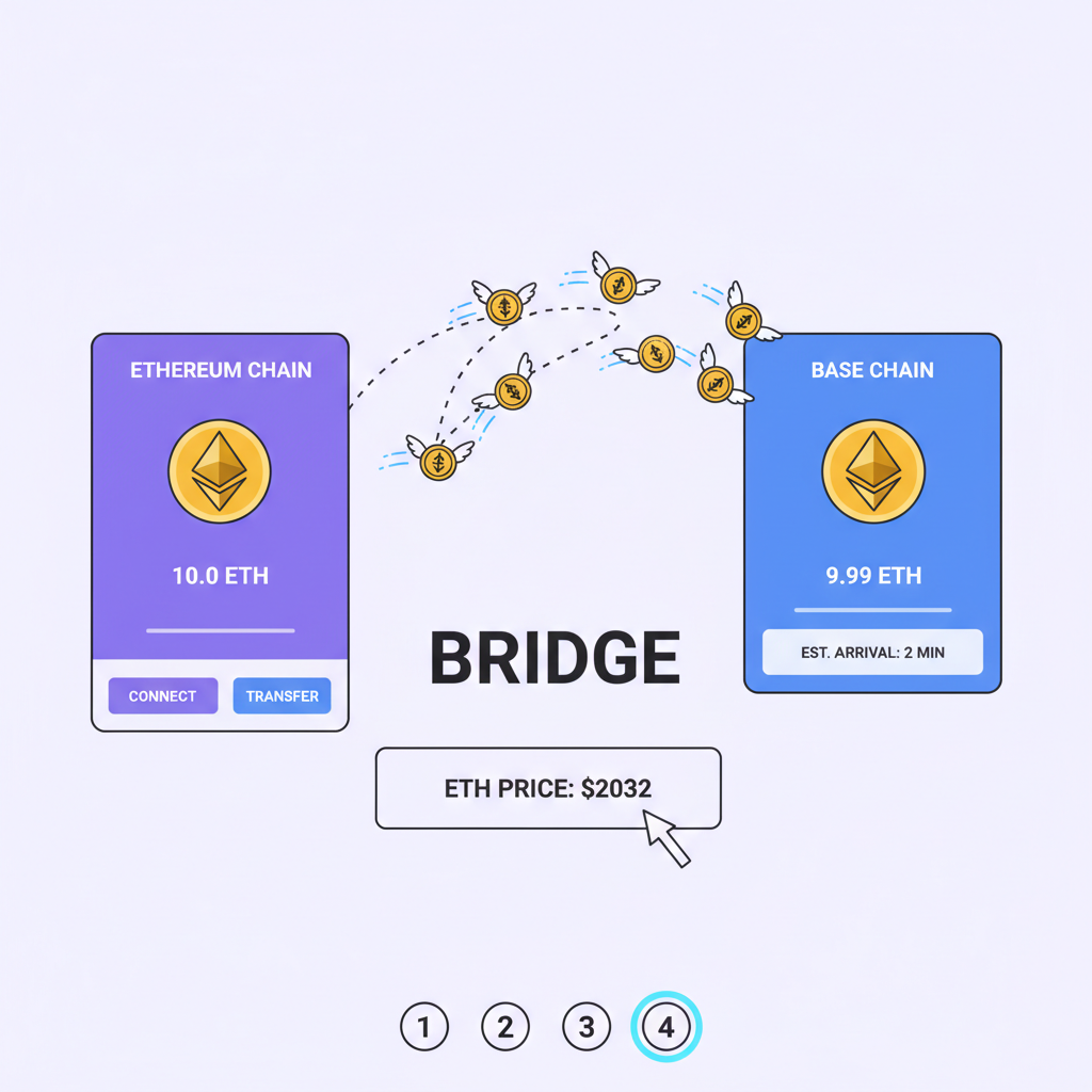 bridge UI transferring ETH from Ethereum to Base, animated tokens flying across chains, ETH price ticker showing $2032