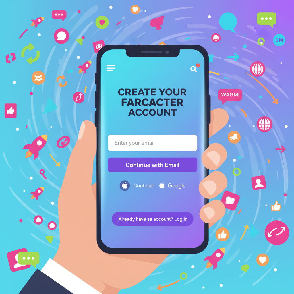vibrant mobile screen creating Farcaster account, signing up with email, social feed in background, energetic crypto community