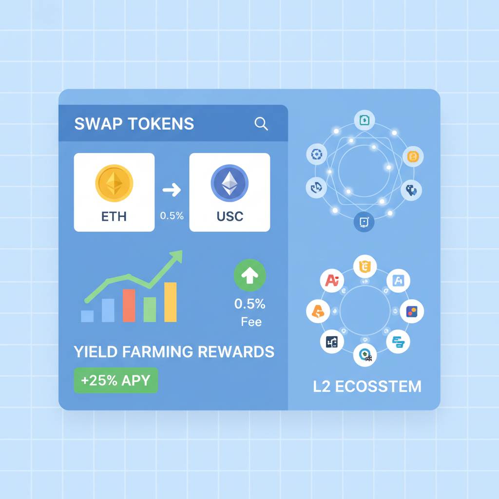 Base DeFi dashboard, swapping tokens on DEX, yield farming charts rising, vibrant L2 ecosystem graphics