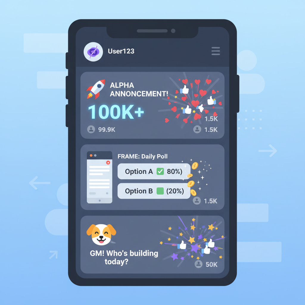 Farcaster feed with viral posts, likes exploding, followers counter at 100, interactive Frames mini-apps