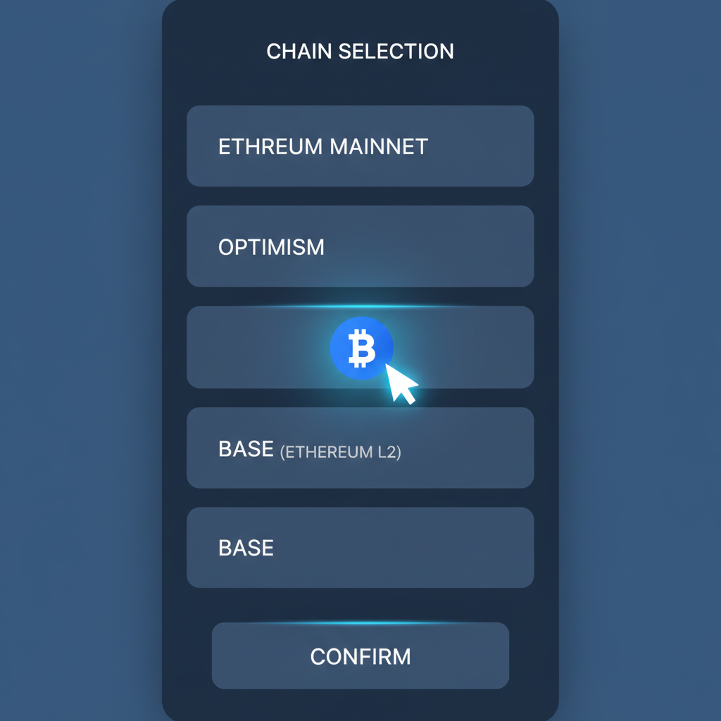 wallet interface switching to Base network, glowing Base logo, Ethereum L2 chain selection screen, modern UI