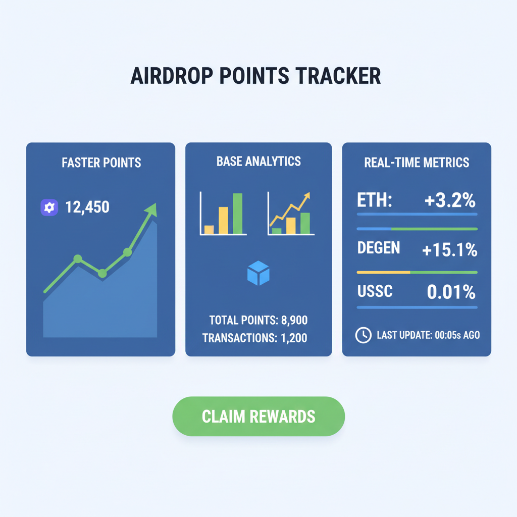 dashboard tracking airdrop points, Farcaster and Base analytics, rising graphs, real-time crypto metrics