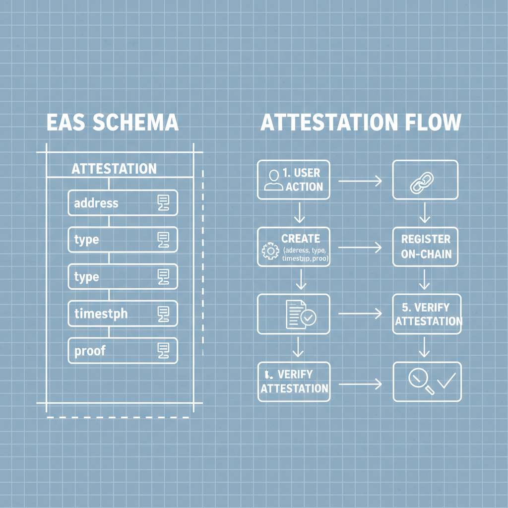 EAS schema diagram with fields address type timestamp proof, blockchain attestation flow, technical blueprint style
