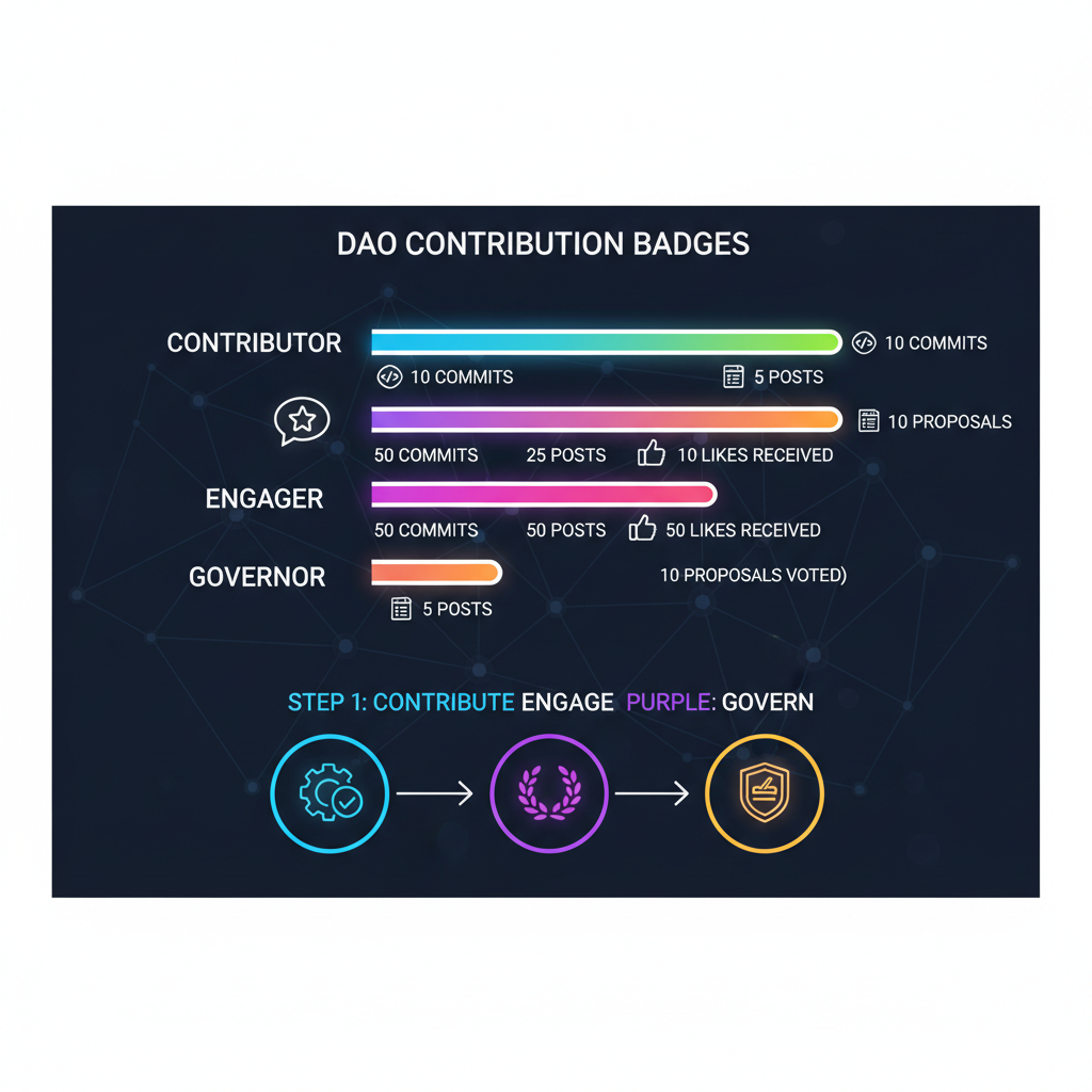 bar chart showing contribution thresholds for badges like commits and posts, sybil-resistant DAO theme, vibrant neon colors