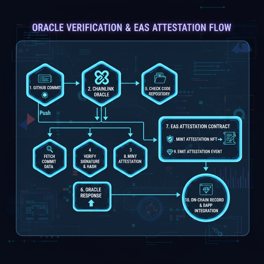 flowchart oracle verifying github commit to EAS attestation, chainlink integration, cyberpunk dashboard aesthetic