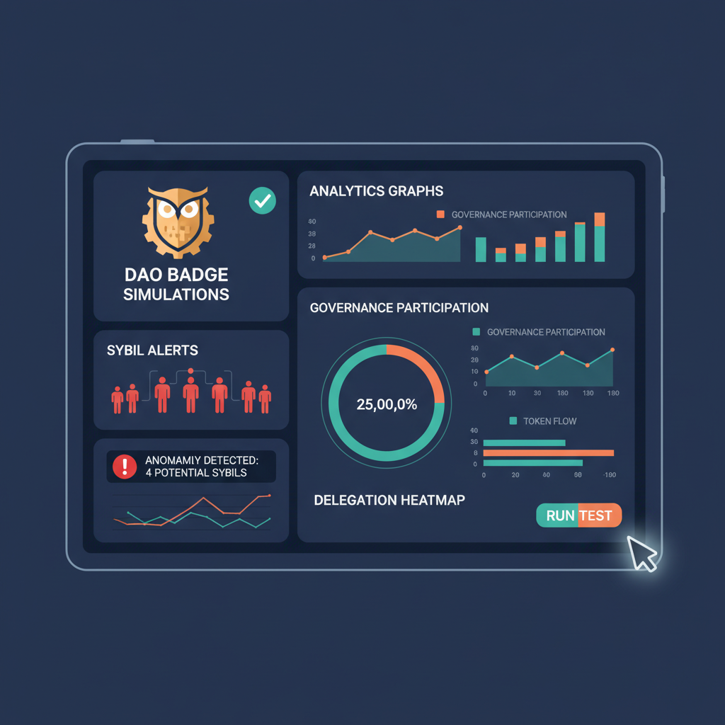 testing dashboard with DAO badge simulations and sybil alerts, analytics graphs, modern UI web3 interface