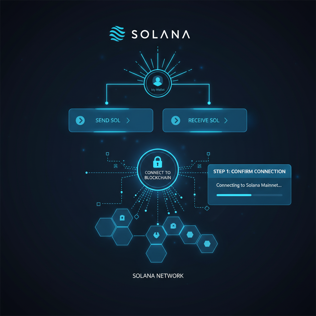 sleek crypto wallet interface connecting to Solana blockchain, futuristic UI, neon blues