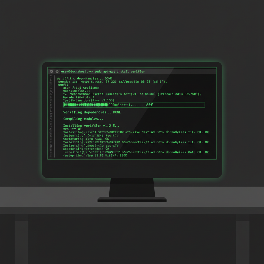 command line terminal installing verifier software, code scrolling, dark mode hacker vibe
