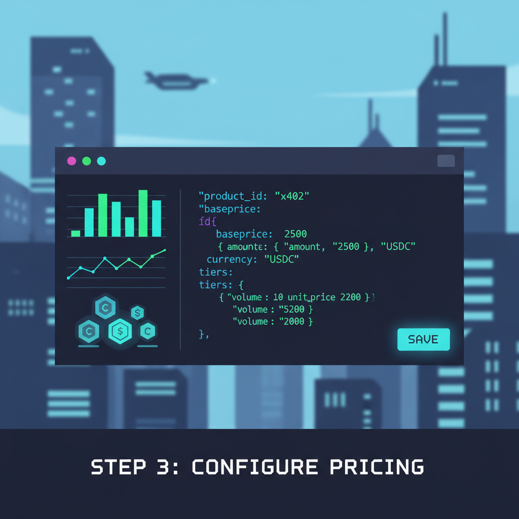 code editor configuring pricing JSON for x402, charts and USDC icons, cyberpunk style