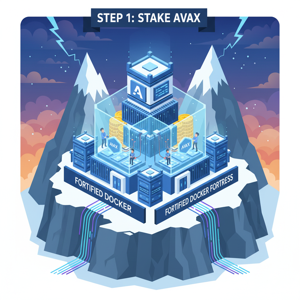 validators staking AVAX in fortified docker fortress on avalanche peaks, dramatic lighting