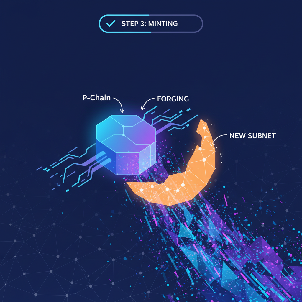 P-Chain transaction forging new subnet in glowing avalanche network, sci-fi interface