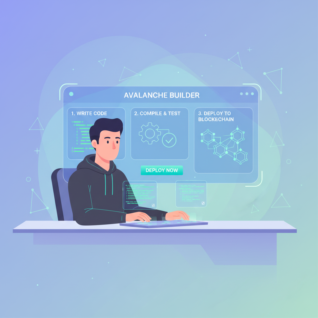 sleek developer deploying blockchain code, holographic tools, Avalanche Builder interface