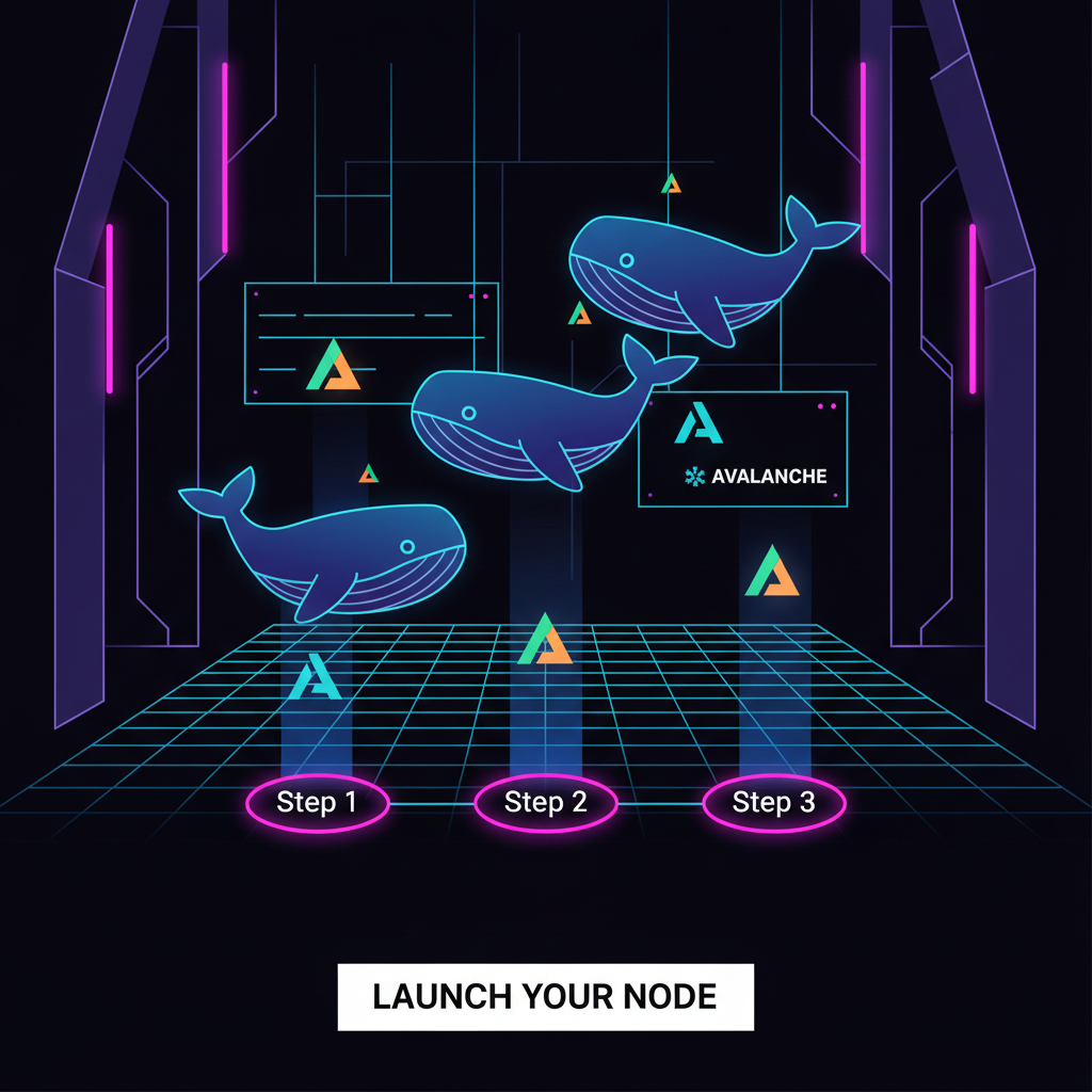 sleek docker whales launching avalanche nodes in futuristic terminal, neon cyberpunk glow