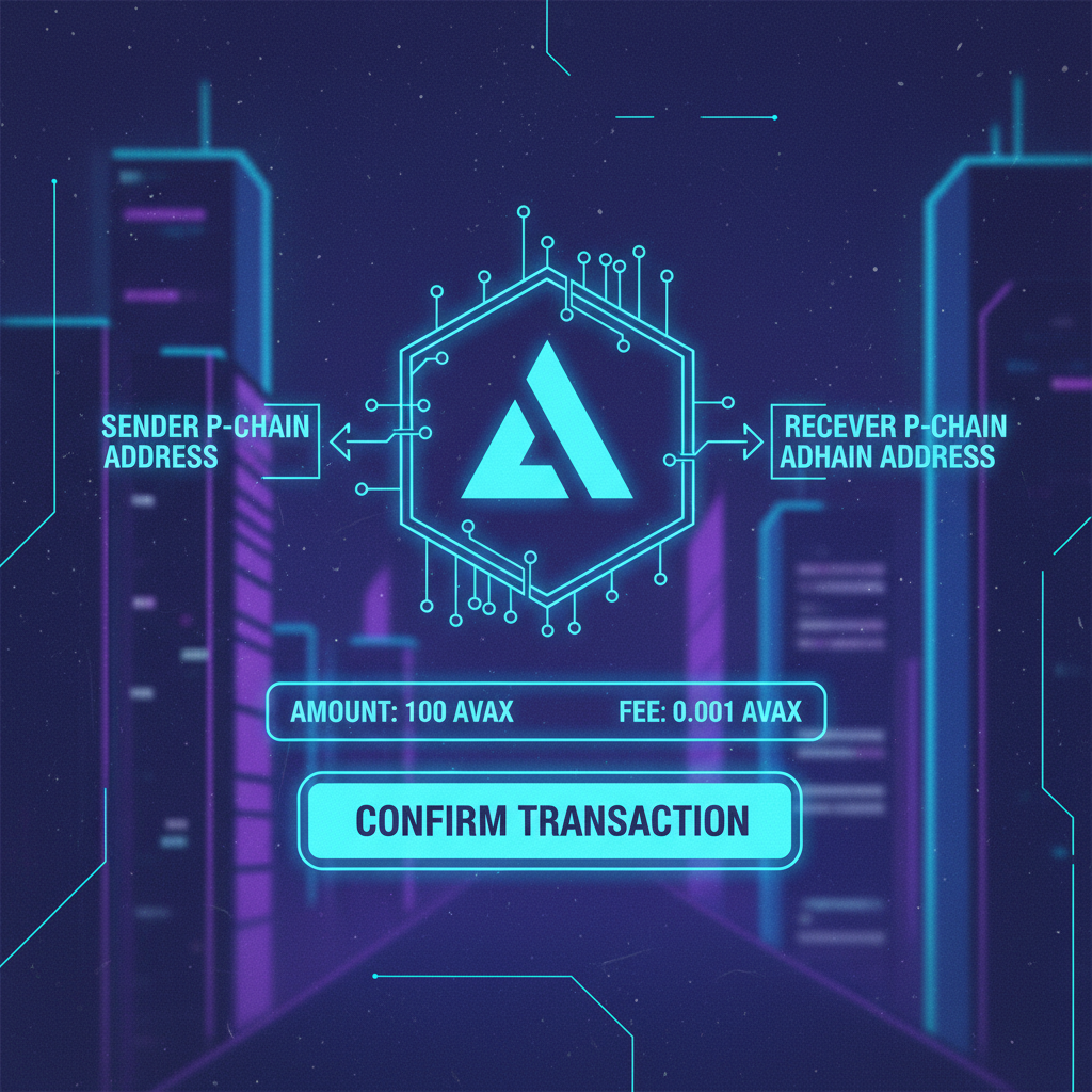 cyberpunk P-Chain transaction glowing neon blue, Avalanche logo, futuristic UI