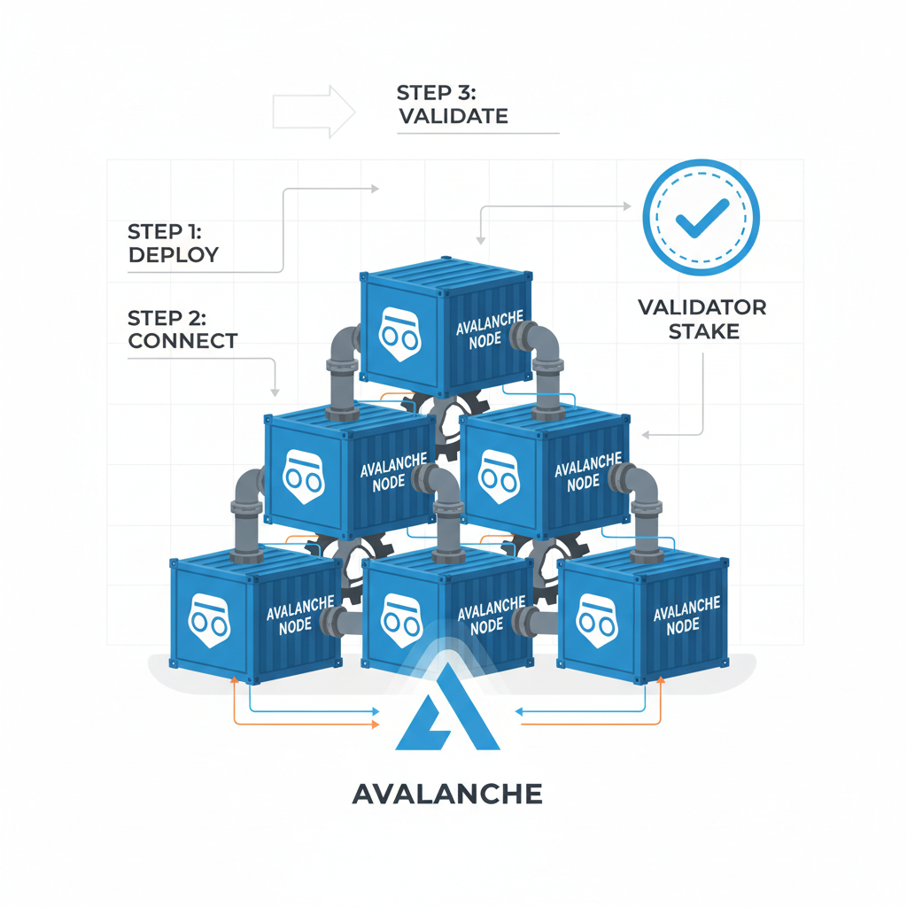 Docker containers stacking as validators, industrial machinery vibe, Avalanche nodes