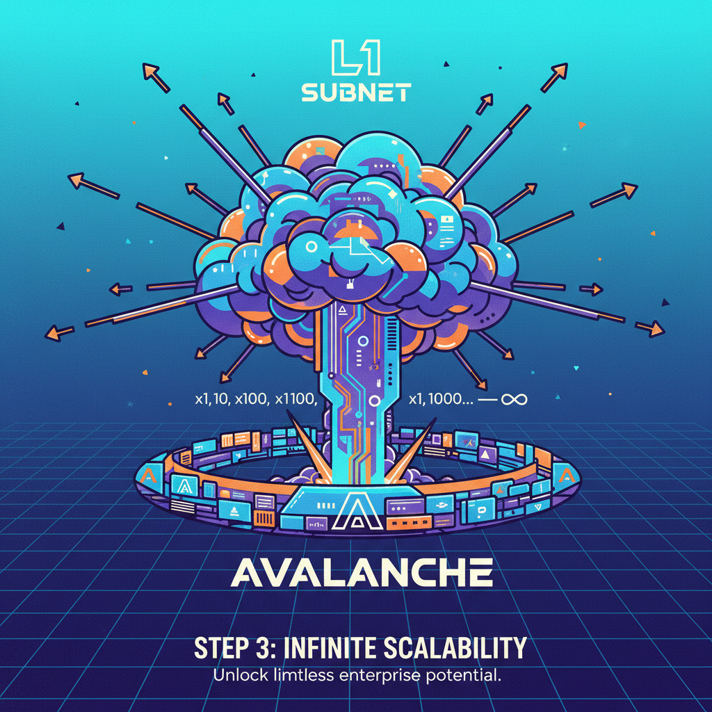 enterprise L1 subnet scaling to infinity on avalanche, retro-futuristic explosion