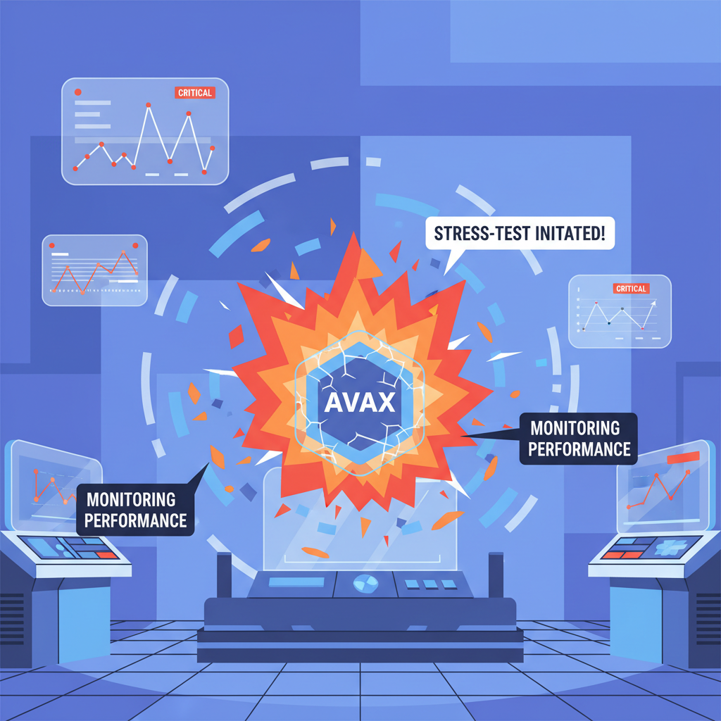 explosive stress-test simulation burning AVAX flames, high-tech lab, performance graphs