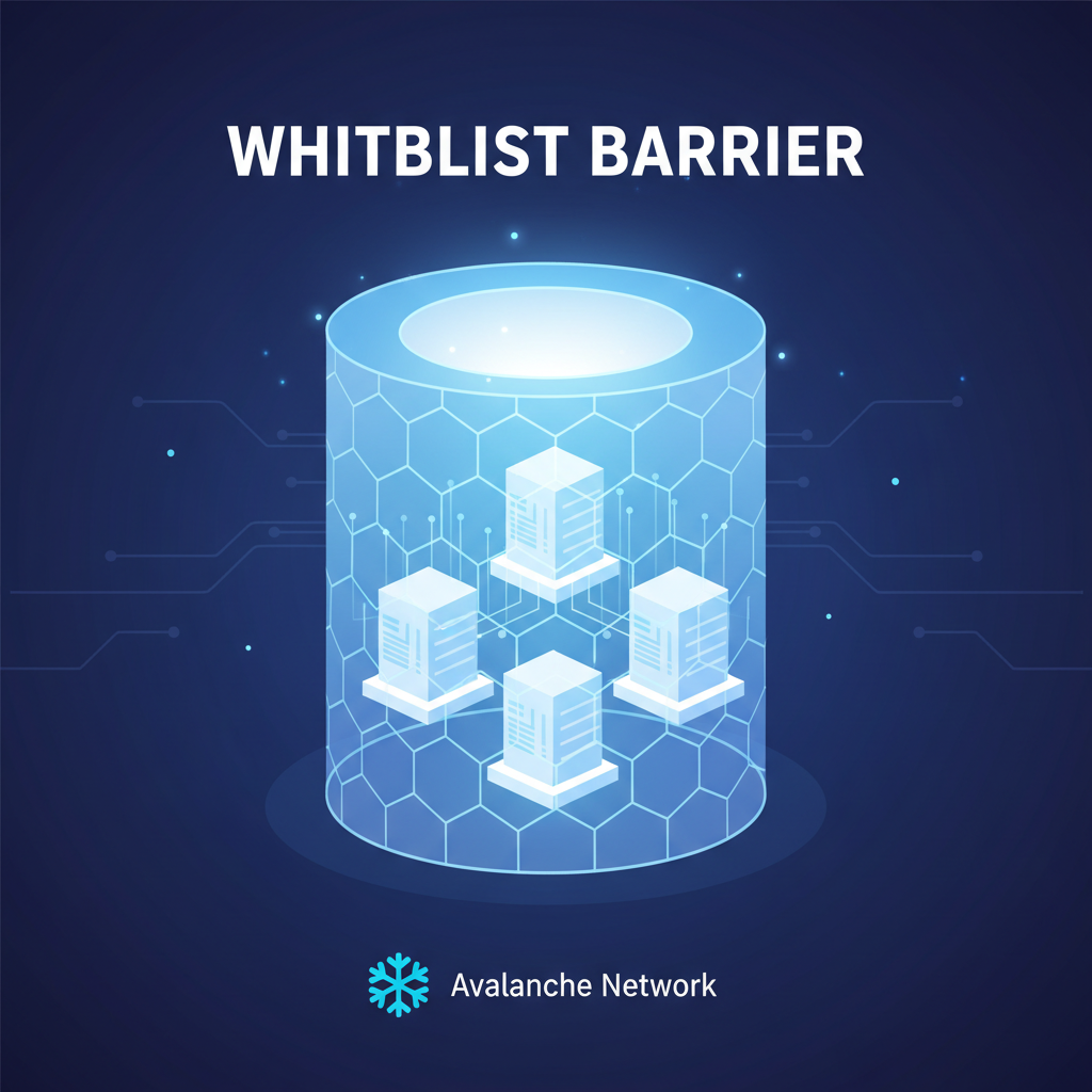 glowing whitelist barrier around enterprise nodes, sci-fi security shield, Avalanche network