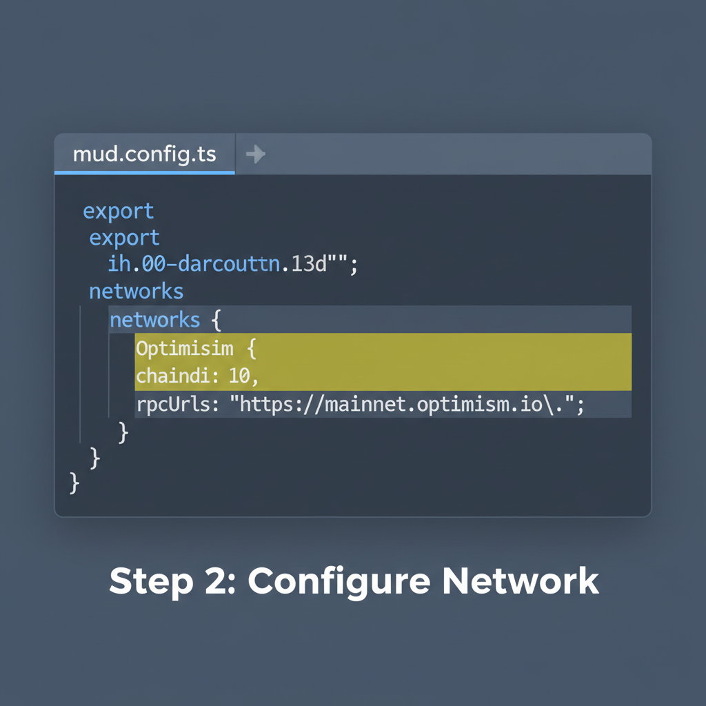 clean code editor screenshot of mud.config.ts file configured for Optimism chain with chainId 10 and RPC URLs highlighted